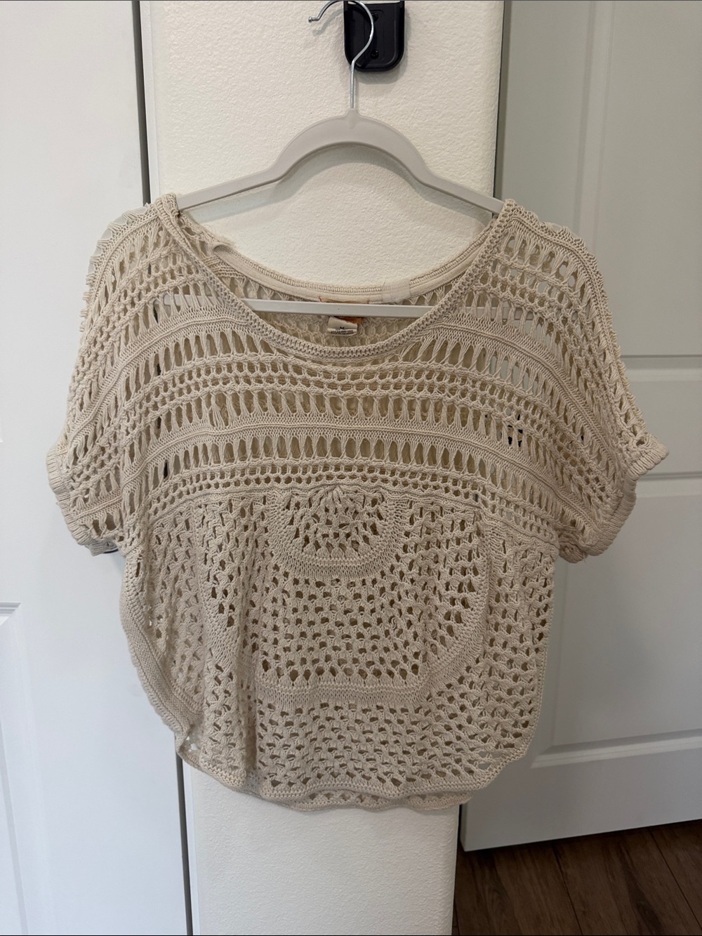 Mudd Crochet Open-Knit Short Sleeve Top - Cream